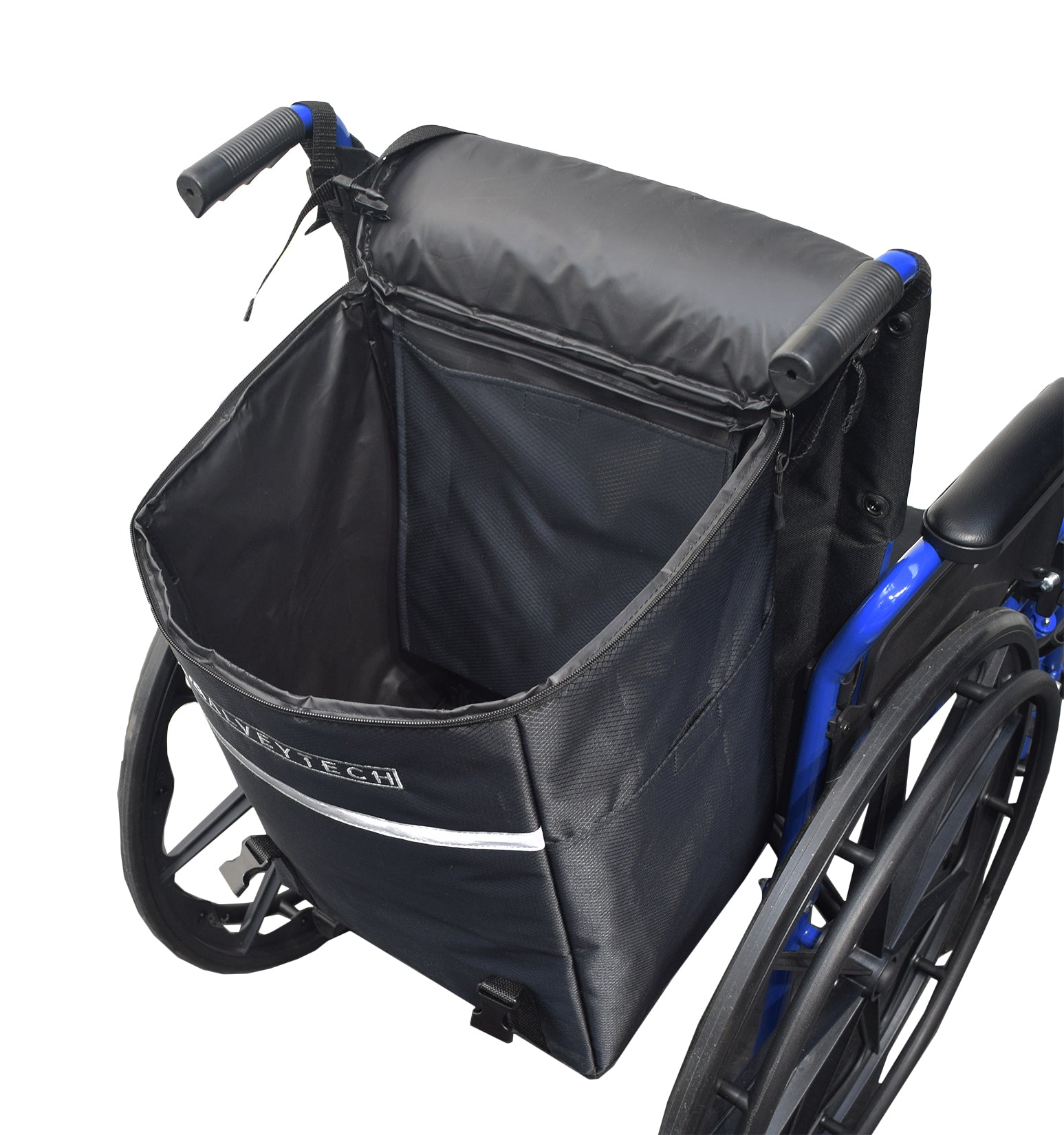 Extra Large Insulated Seat Back Bag (Backpack) for Wheelchairs, attached to a wheelchair, showcasing its spacious design with zippered compartments and a mesh pouch for ample storage.