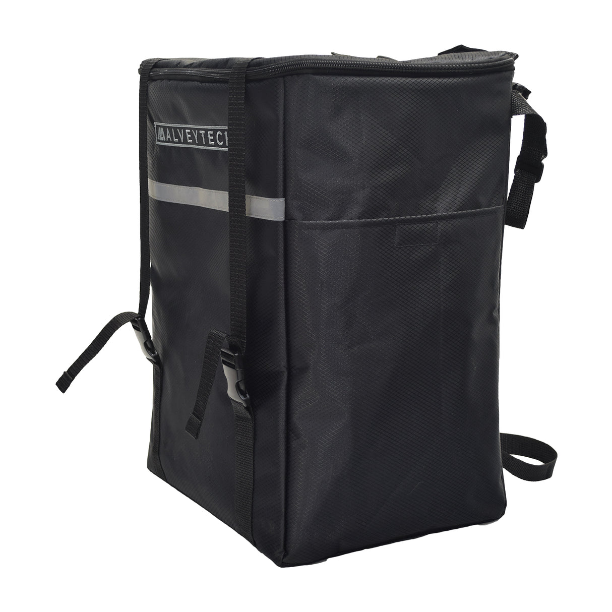 Extra Large Insulated Seat Back Bag (Backpack) for Wheelchairs showcasing black ripstop nylon with multiple compartments, including a large zippered main section, outer velcro pocket, and open mesh pouch.