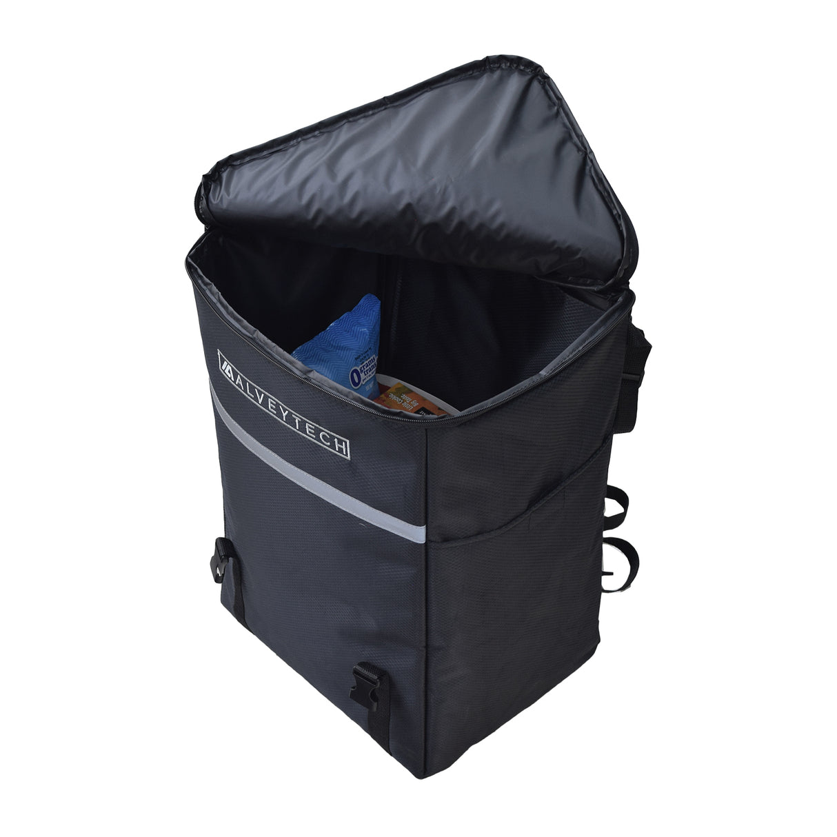 Extra Large Insulated Seat Back Bag (Backpack) for Wheelchairs, shown with a plastic bottle inside the main compartment, highlighting its ample storage and practical use for mobility aid.