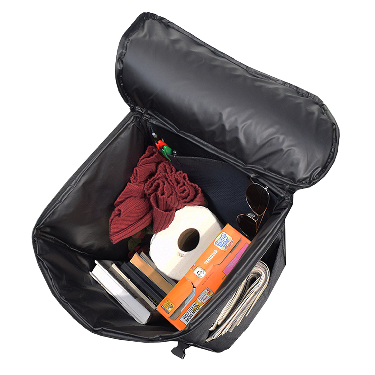 Extra Large Insulated Seat Back Bag (Backpack) for Wheelchairs with items inside, including a roll of toilet paper, showcasing spacious compartments and durable construction.