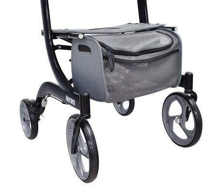 Tote Bag for the Drive Medical Nitro Rollator & Drive Medical Nitro Tall, featuring a grey and black design, attached to the front of the stroller with visible wheels and durable fabric construction.