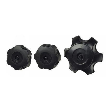 Universal Fuel Tank Caps for ATVs & Dirt Bikes, featuring three black plastic caps with circular grips and central holes, suitable for various ATV and dirt bike models.