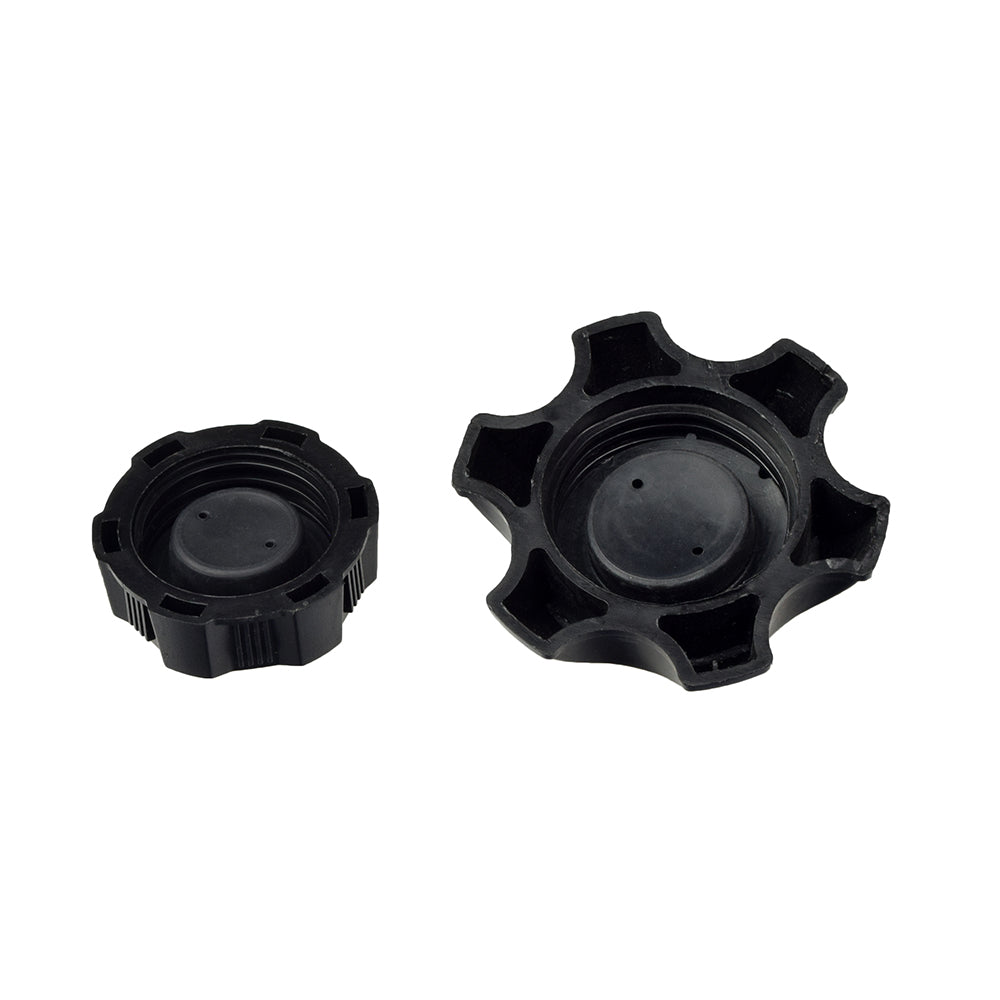 Universal Fuel Tank Caps for ATVs & Dirt Bikes, shown as a black plastic cap with a central hole, compatible with various 50cc-150cc models and available in multiple sizes.