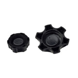 Universal Fuel Tank Caps for ATVs & Dirt Bikes, shown as a black plastic cap with a central hole, compatible with various 50cc-150cc models and available in multiple sizes.