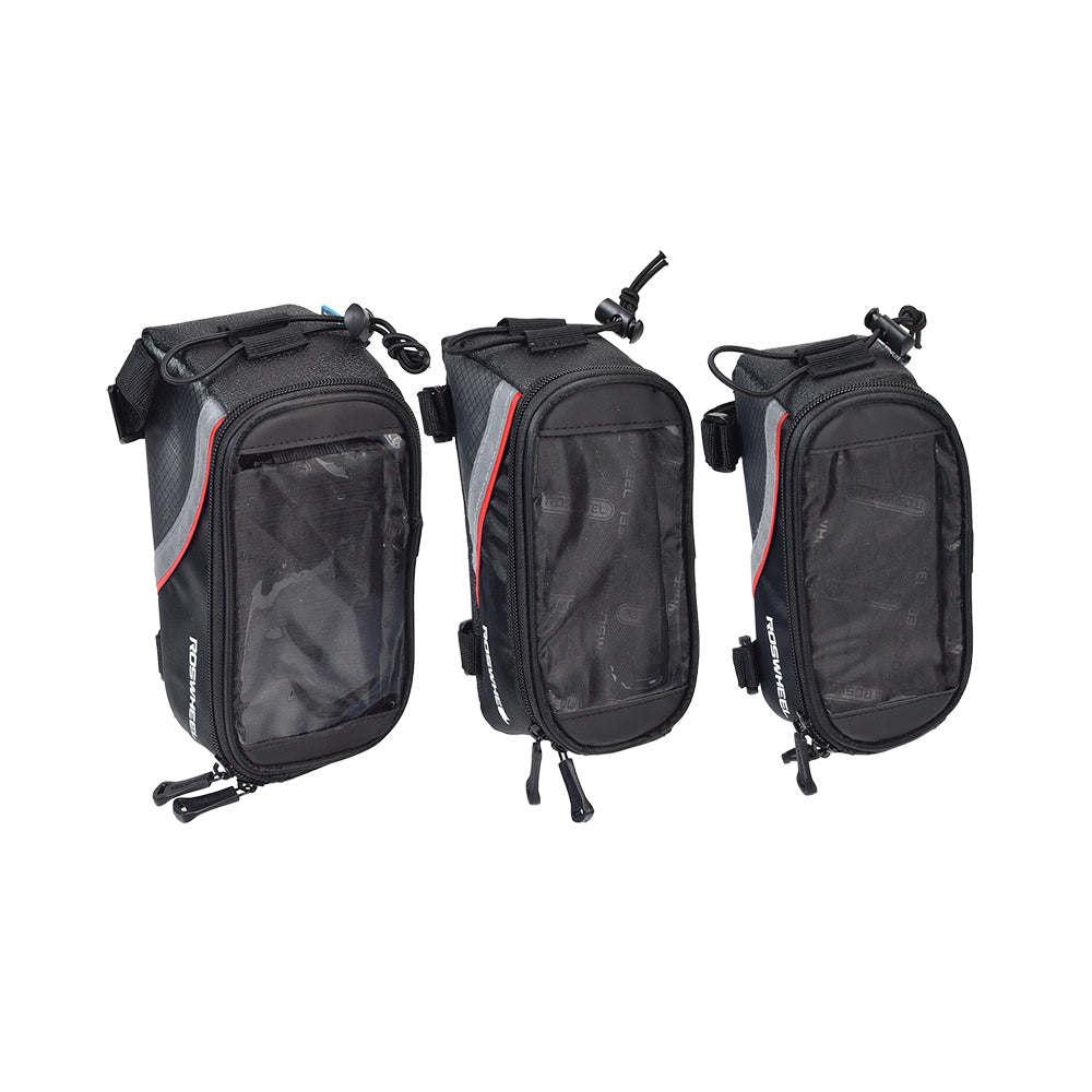 Weatherproof Top Tube Mount Smartphone Bag for Bikes featuring a transparent PVC window, reflective strips, U-shaped double zipper, and headset jack, displayed among other black bags in a collection.