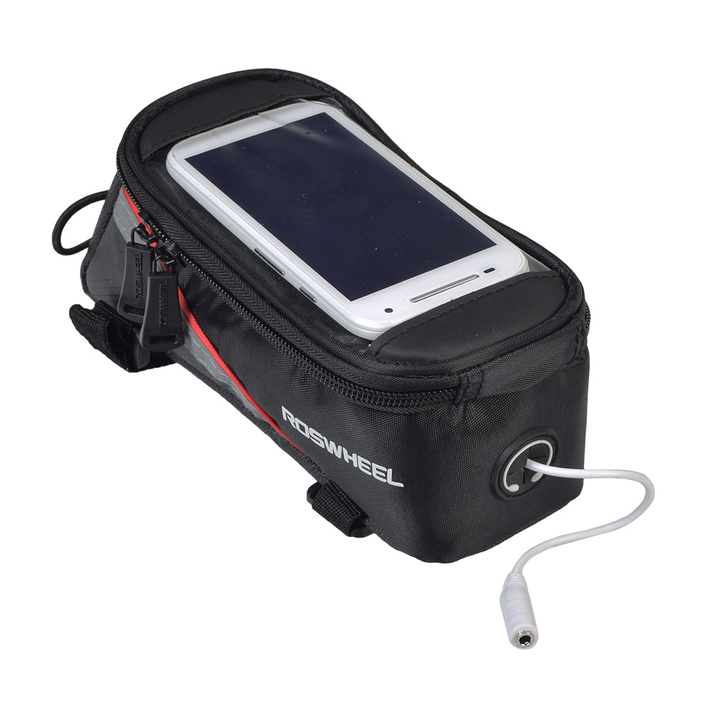 Weatherproof Top Tube Mount Smartphone Bag for Bikes showing a phone inside, with a transparent PVC window and visible black case. The image highlights the bag’s storage space and accessibility features.