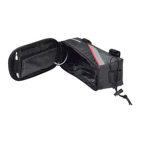 Weatherproof Top Tube Mount Smartphone Bag for Bikes with a transparent PVC window, U-shaped double zipper, reflective strips, and copious storage space for wallet, keys, and extras.