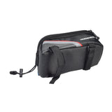 Weatherproof Top Tube Mount Smartphone Bag for Bikes with a strap, transparent PVC window, U-shaped double zipper, and reflective strips on both sides for safety.