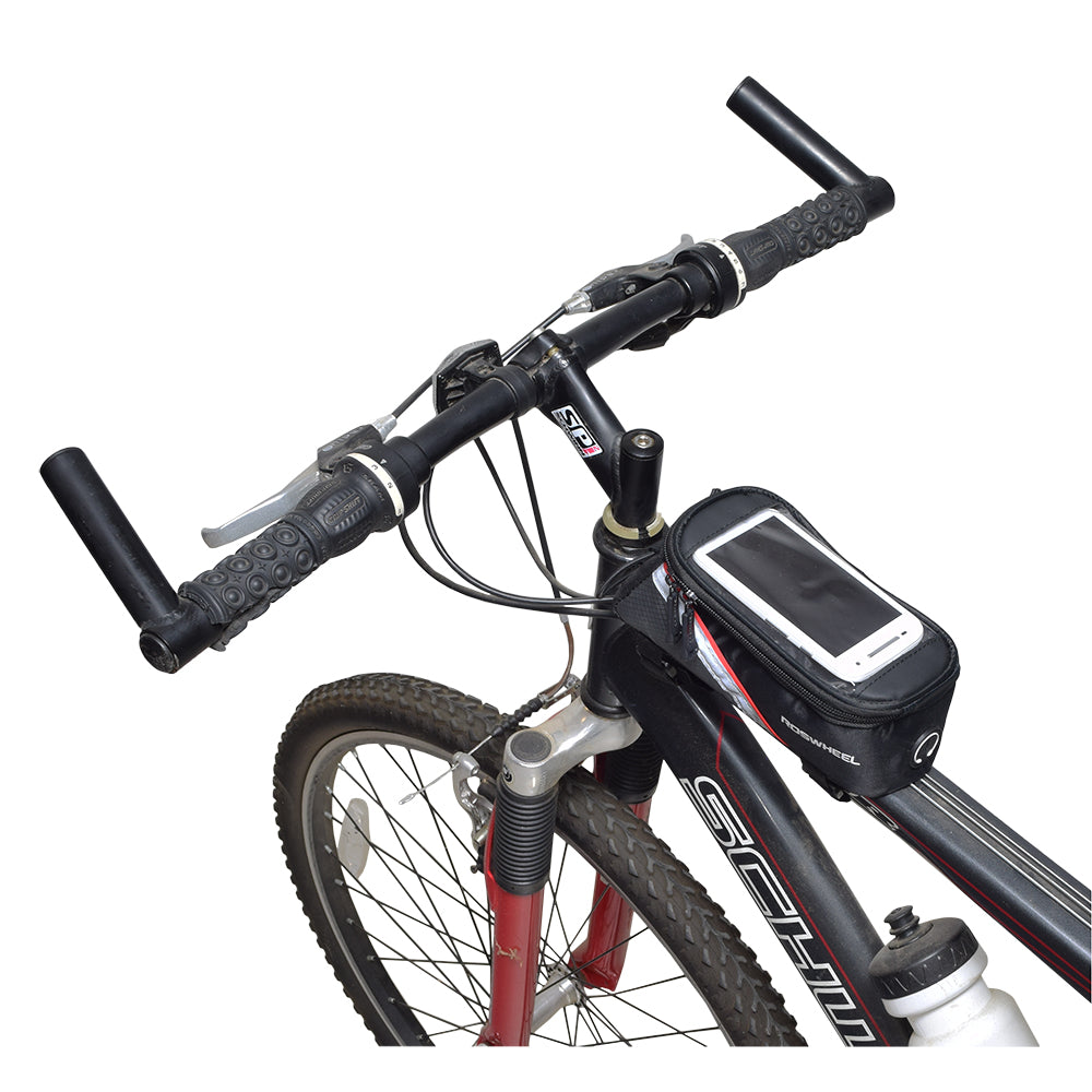 Weatherproof Top Tube Mount Smartphone Bag for Bikes, attached to the bicycle frame, with a transparent PVC window displaying a phone, reflective strips, and a U-shaped double zipper for storage.