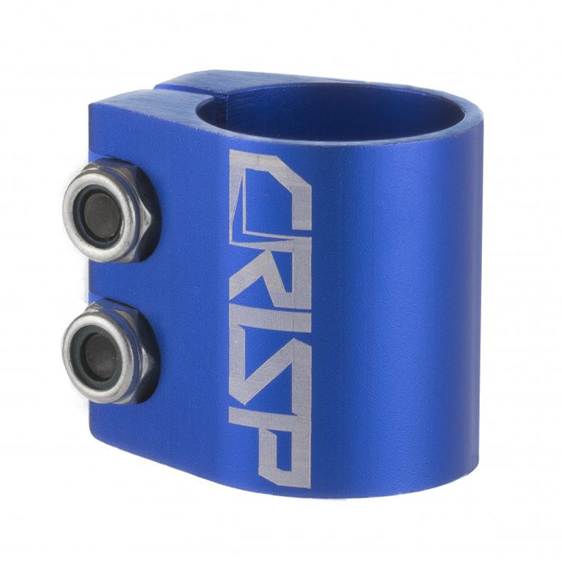 Crisp 34.9 mm HD Double Clamp for Scooters, featuring a robust blue metal body with silver text, includes two lock nuts and bolts, ideal for Evolution and other scooter models.