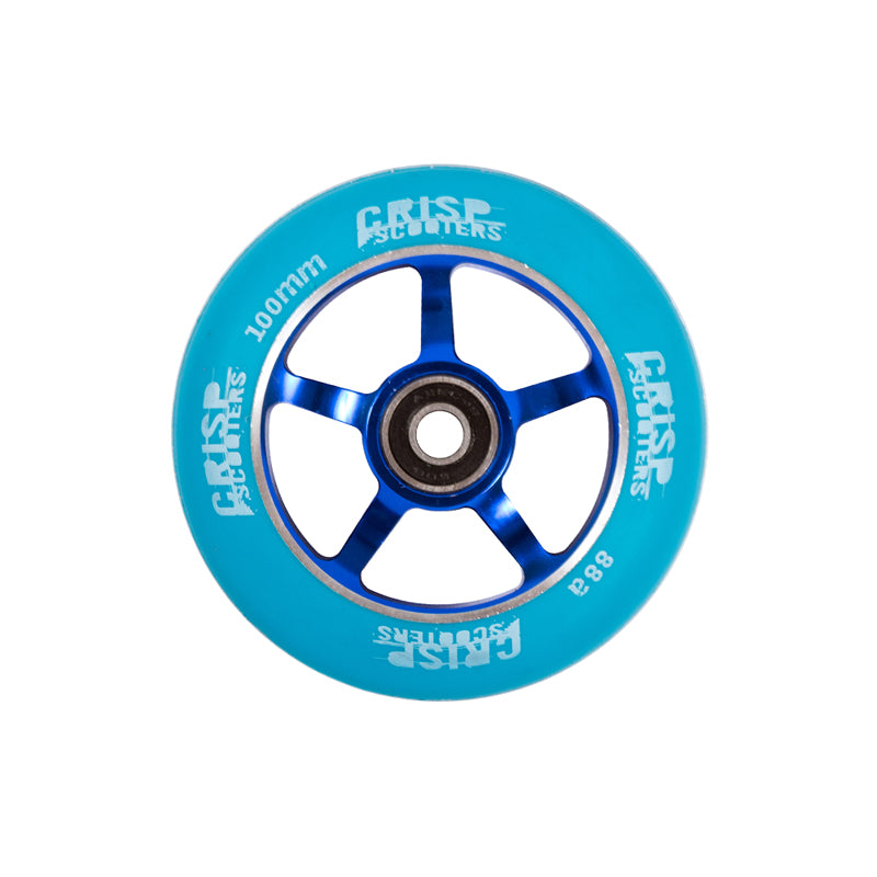 100 mm Wheel for the Crisp Blaster Kick Scooter, featuring a blue design with white text, made of high rebound 88A polyurethane, and includes pre-installed bearings and spacer.