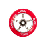 100 mm Wheel for the Crisp Blaster Kick Scooter featuring white text on a red circular design, made from high rebound 88A polyurethane with pre-installed bearings and spacer.