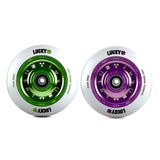 100 mm Lucky Charm Kick Scooter Wheel, featuring Rebound Technology™ for enhanced grip and smooth roll, available in various colors, shown with distinct logo on each wheel.