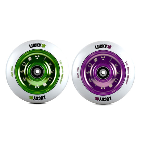 100 mm Lucky Charm Kick Scooter Wheel, featuring Rebound Technology™ for enhanced grip and smooth roll, available in various colors, shown with distinct logo on each wheel.