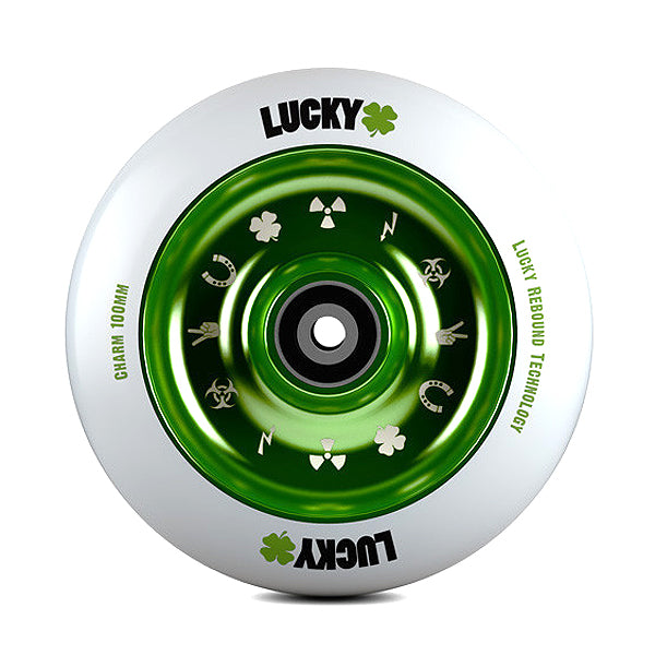 100 mm Lucky Charm Kick Scooter Wheel featuring a green and white design with a prominent logo, showcasing Lucky's Rebound Technology™ for enhanced grip and smooth roll, sold individually for mix and match.