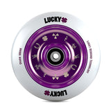 100 mm Lucky Charm Kick Scooter Wheel featuring a white wheel with a purple rim, designed with Lucky's Rebound Technology™ (LRT™) for enhanced grip and smooth roll.