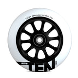 110 mm Lucky Ten Kick Scooter Wheel featuring a white wheel with a black rim and a distinctive 10-spoke core design, ideal for serious riders seeking reliability and performance.