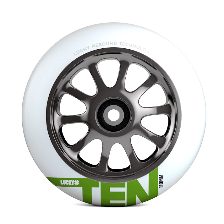 110 mm Lucky Ten Kick Scooter Wheel featuring a white wheel with green text, a black rim, and a 10-spoke core design. Ideal for serious riders seeking reliability and performance.