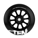 110 mm Lucky Ten Kick Scooter Wheel featuring a black design with white text, showcasing a 10-spoke core for durability and performance, ideal for serious kick scooter riders seeking reliability and high-quality upgrades.