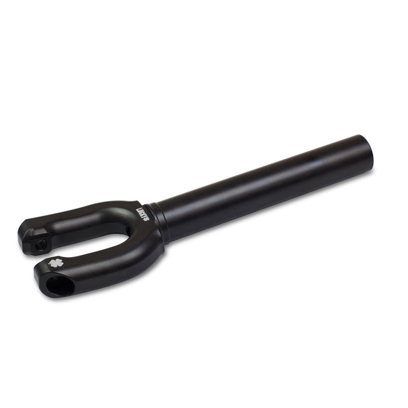 Lucky SMX Kick Scooter Fork, a black metal tool with a hole, designed from CNC-machined 6061 T6 aircraft-grade aluminum, known for its lightweight strength and Torque Dispersion Technology for impact absorption.