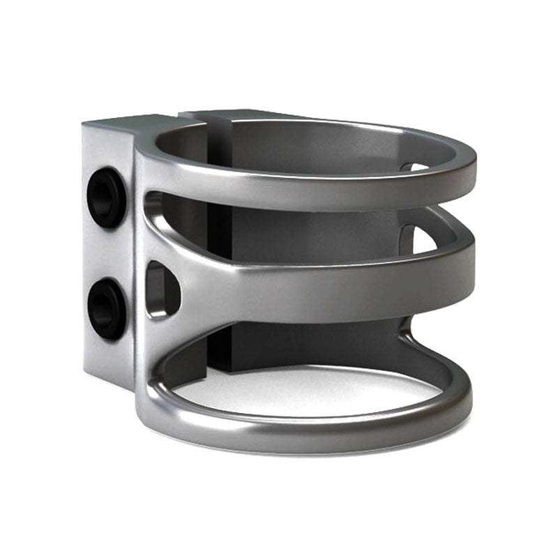 Lucky Double Clamp for Scooters, a silver clamp featuring black dots, designed for oversized 1 3/8 scooter bars. Made from 7000 series aircraft aluminum alloy and CNC machined for precision.