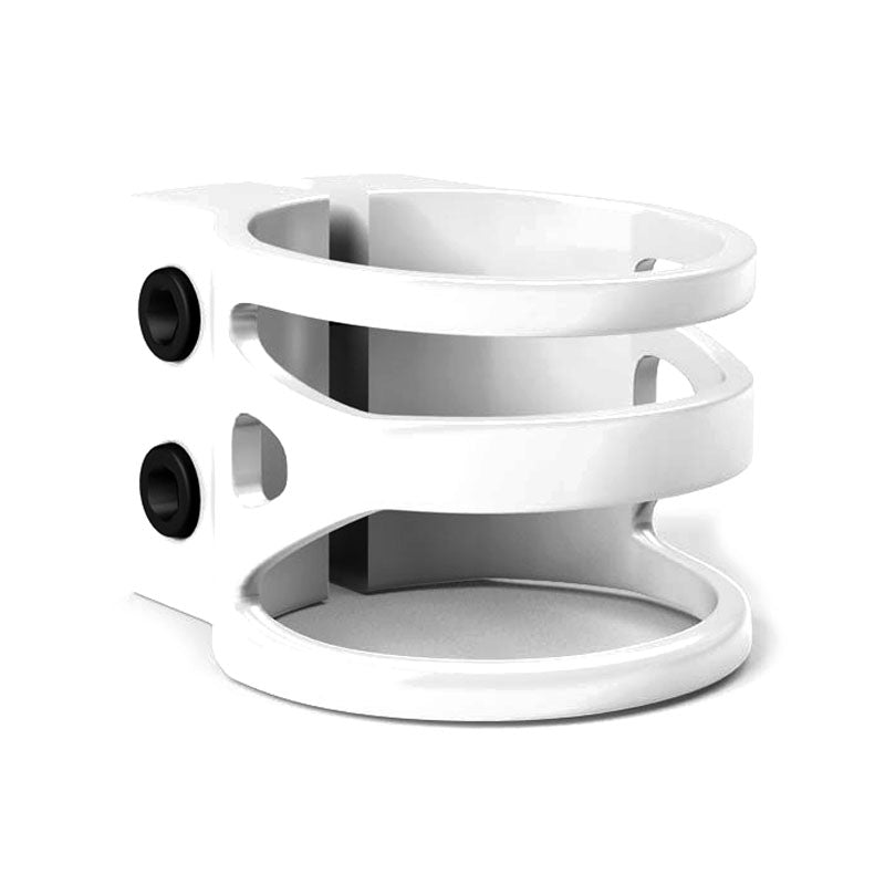 Lucky Double Clamp for Scooters, a white object with black buttons, designed for oversized scooter bars, made from 7000 series aircraft aluminum alloy, CNC machined, and featuring a sleek, reliable design.