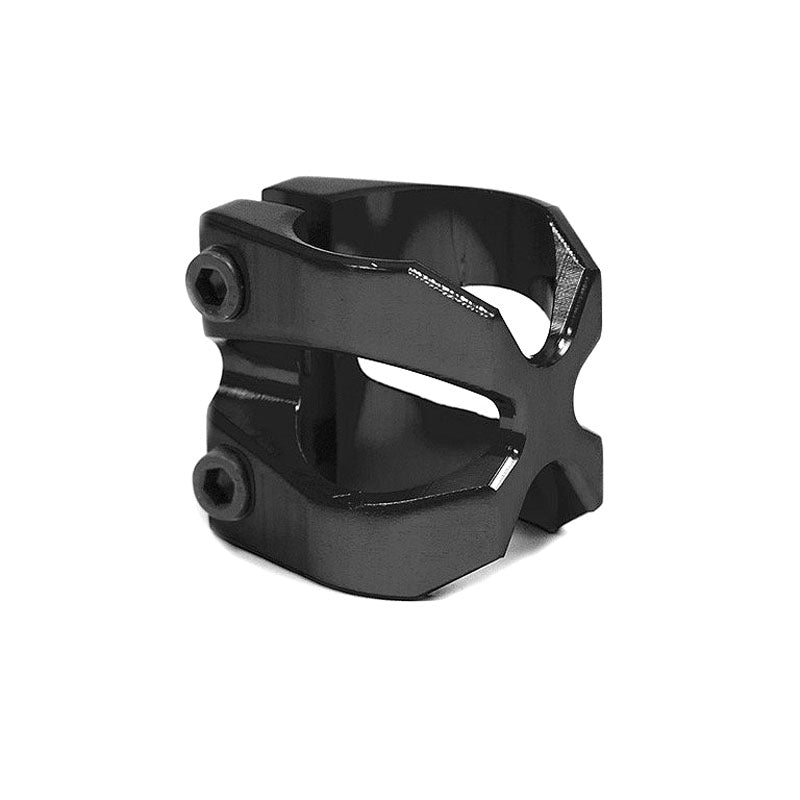 Lucky X-Clamp for Scooters, a black metal object with an X-shaped cross design, lightweight and strong, made from aircraft aluminum alloy for oversized pro scooter bars.