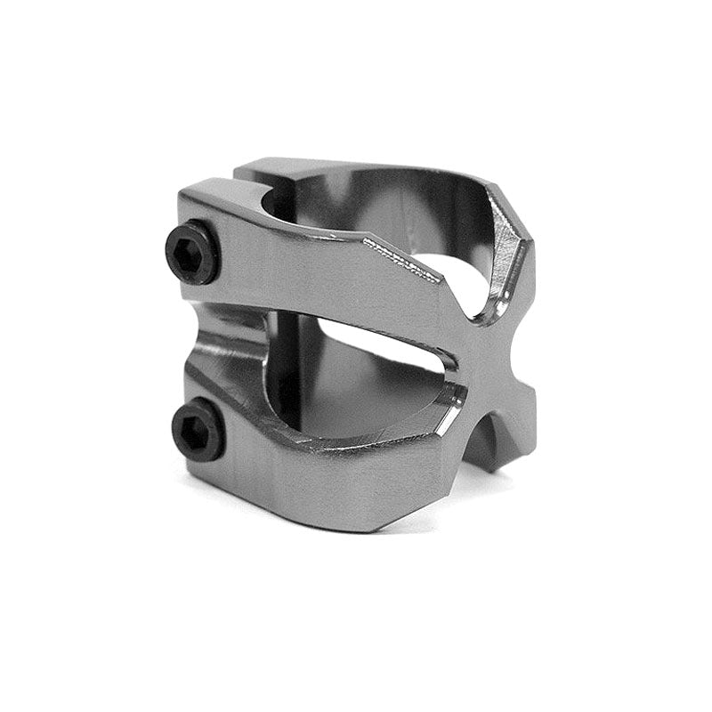 Lucky X-Clamp for Scooters, a durable, lightweight, X-shaped metal clamp with screws, designed to fit oversized 1 3/8 pro scooter bars. Made from 7000 series aircraft aluminum and CNC machined.