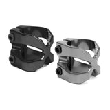 Lucky X-Clamp for Scooters, showcasing two X-shaped metal clamps with visible screws and holes, designed for oversized pro scooter bars. Made from CNC-machined 7000 series aircraft aluminum alloy.