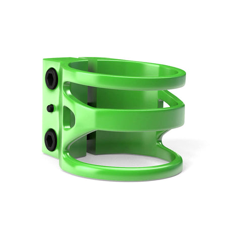 Lucky Triple Clamp for Scooters: a green clamp featuring black screws, designed for 1 3/8 oversized pro scooter bars, made from durable aircraft aluminum alloy with a sleek, lightweight design.