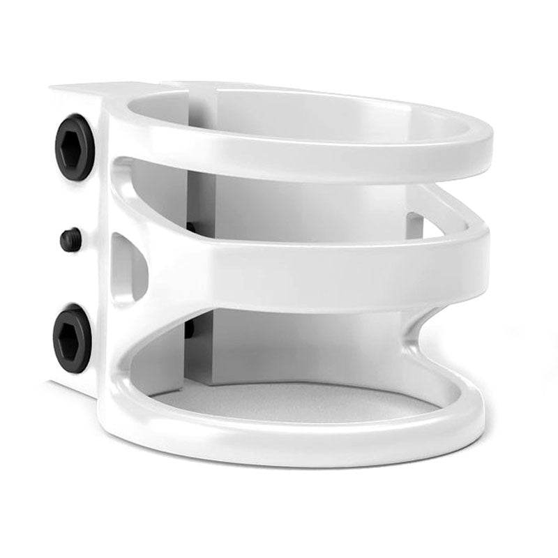 Lucky Triple Clamp for Scooters, a white clamp with three black screws and holes, designed for oversized pro scooter bars, made from 7000 series aircraft aluminum alloy for strength and lightweight performance.