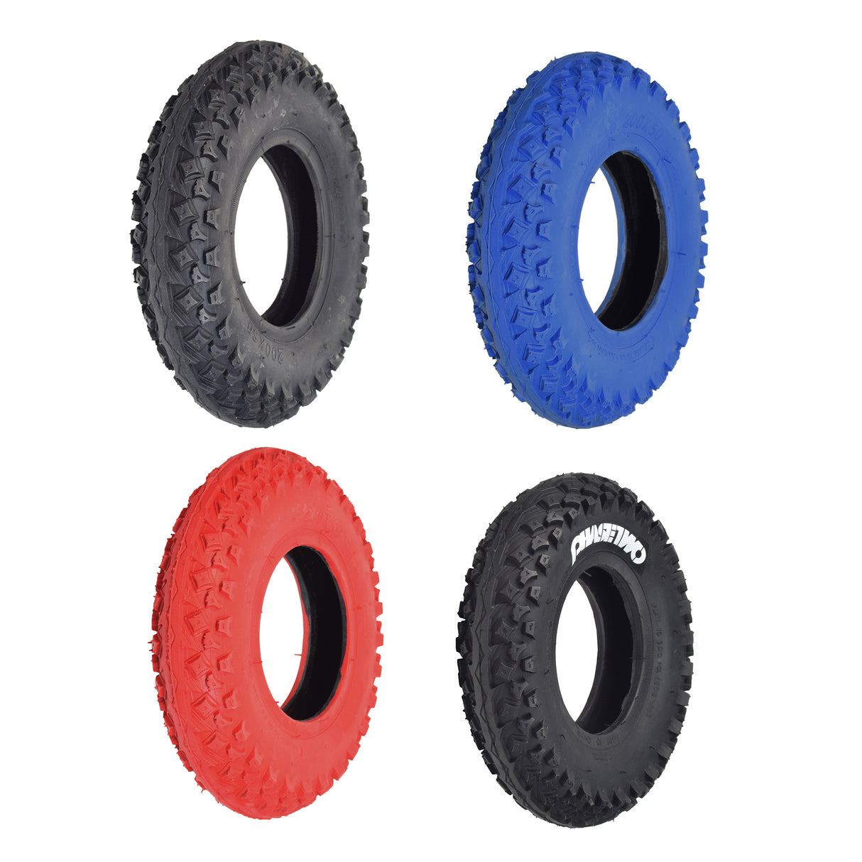 200x50 (8x2) Tire for the Razor Phase Two & RDS Dirt Scooters, showing a set of rubber tires designed for off-road use, featuring different pressure ratings for varied terrains.