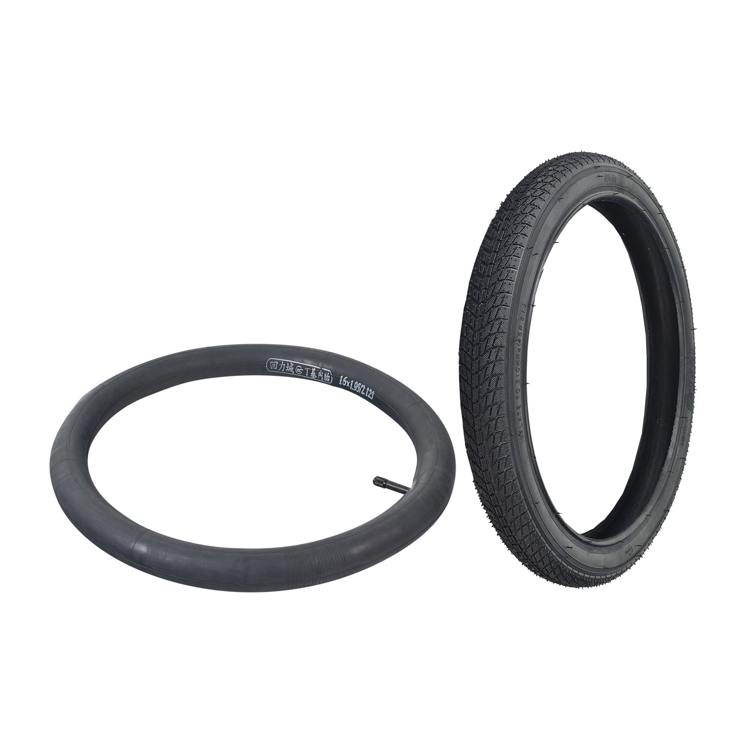 16x1.75 Tire & Inner Tube Combination for Scooters, Bikes, & 3-Wheel Trikes, showcasing a black rubber tire with shallow grooves and an inner tube.