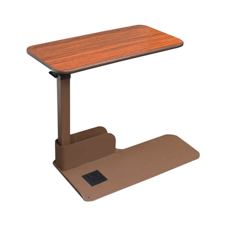 Seat Lift Chair Side Table with a teak-grained laminate top, metal base, and built-in magazine rack, designed to fit under a lift chair for stability and height-adjustable functionality.