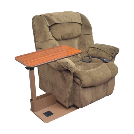 Seat Lift Chair Side Table attached to a brown recliner, showing the tabletop holding a black telephone, highlighting its practical use and convenient design for various activities.