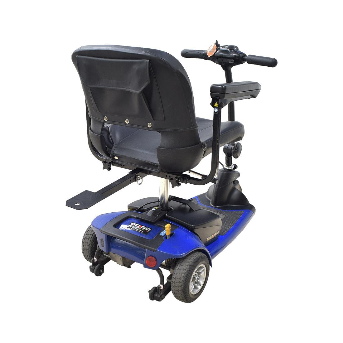 Utility Cart Hitch Extender for Mobility Scooters, featuring a 1 x 14 tube and a steel platform with multiple attachment holes, shown mounted on a blue and black scooter with various accessories.