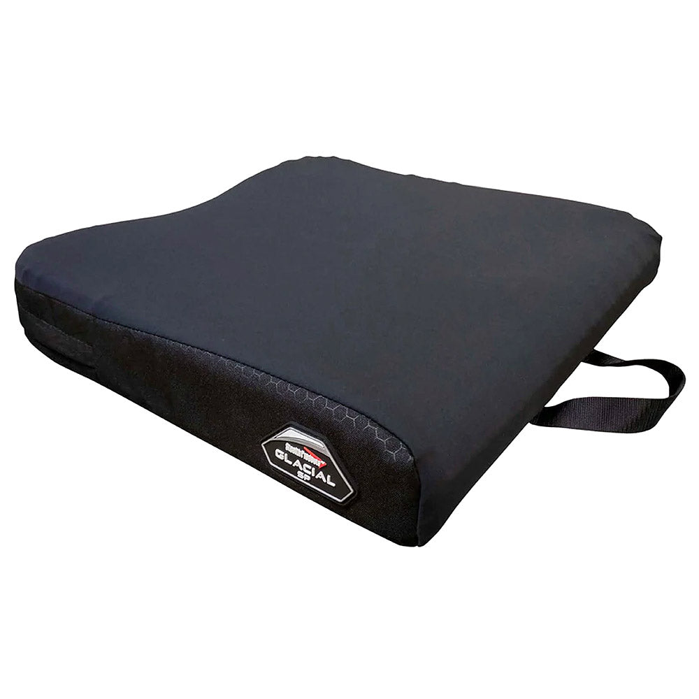 Stealth Glacial SP Seat Cushion for Jazzy & Quantum Power Chairs, featuring a black cushion with a strap and a visible logo, designed for comfort and easy cleaning.