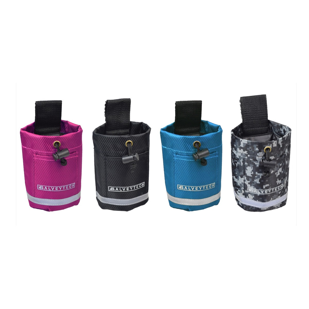 Unbreakable Universal Cupholder for ATVs, Bikes, Go-Karts, & Scooters displayed with various colorful fabric options, designed with black straps and cords for secure mounting.