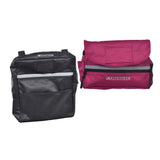 Saddle Bag & Seat Back Bag (Backpack) Combination for Mobility Scooters, Power Chairs, & Wheelchairs. Durable nylon bags with multiple pockets, zippers, and reflective tape for enhanced utility and safety.