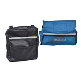 Saddle Bag & Seat Back Bag (Backpack) Combination for Mobility Scooters, Power Chairs, & Wheelchairs, featuring multiple zippered compartments, side pockets, and reflective safety tape for enhanced utility and visibility.