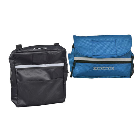 Saddle Bag & Seat Back Bag (Backpack) Combination for Mobility Scooters, Power Chairs, & Wheelchairs, featuring multiple zippered compartments, side pockets, and reflective safety tape for enhanced utility and visibility.