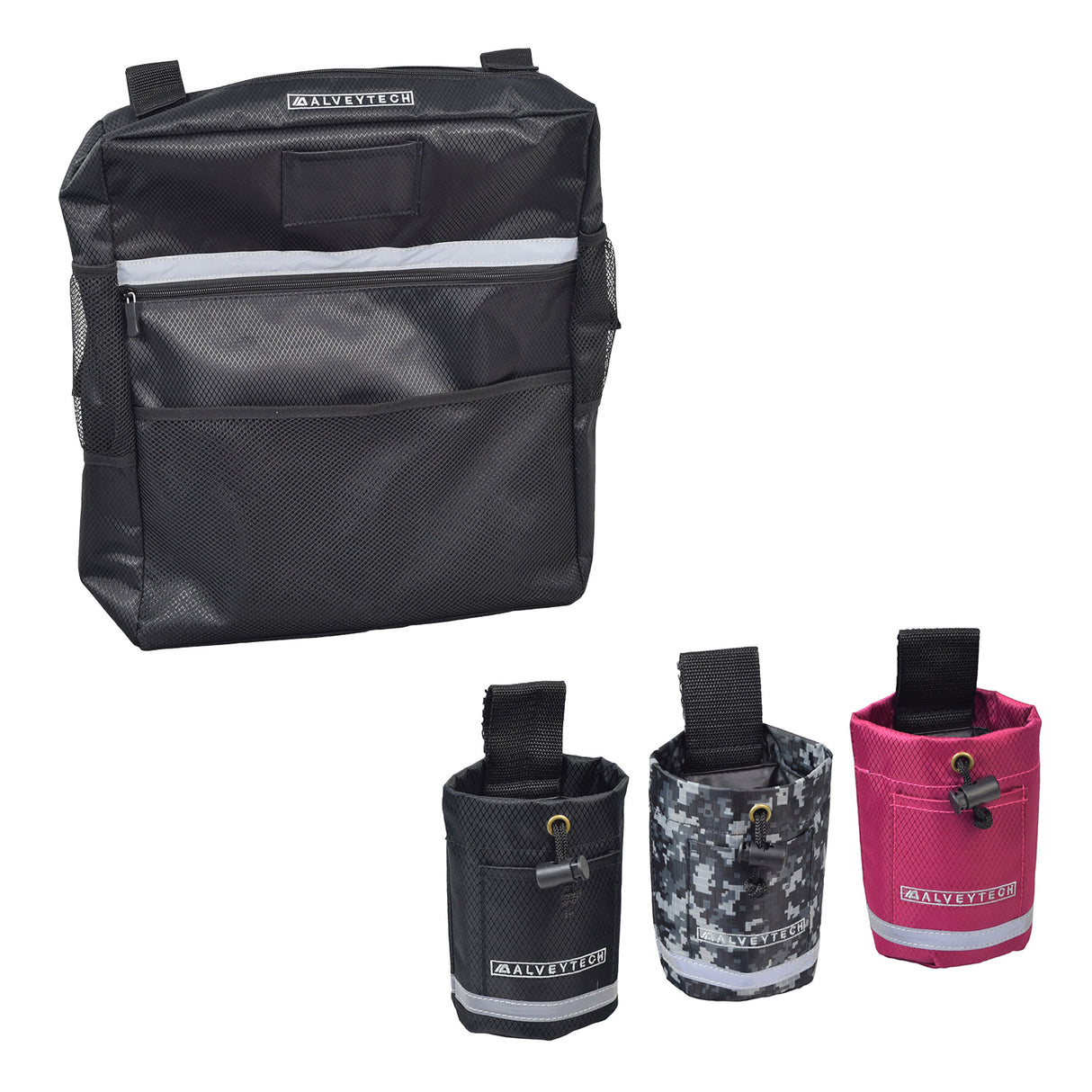 Seat Back Bag (Backpack) & Cup Holder Combination for Mobility Scooters, Power Chairs, & Wheelchairs, featuring a black bag with multiple compartments, a pink pouch, and a universal mount cup holder.