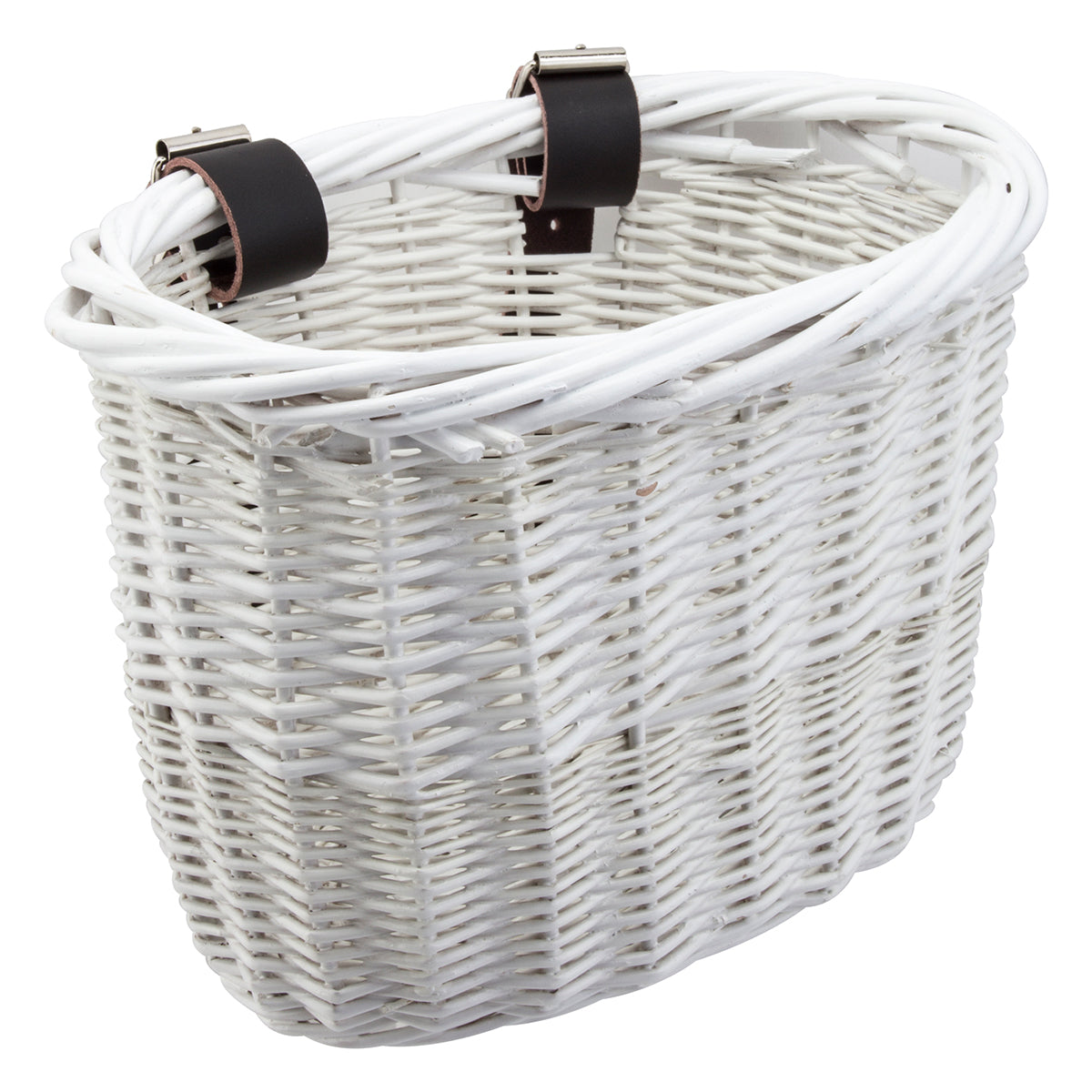 Willow Mini Strap-On Handlebar Basket for Bikes & Scooters: A white wicker basket with black plastic straps and buckles, designed for handlebar mounting.