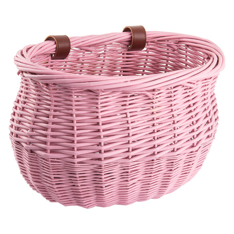 Willow Bushel Strap-On Handlebar Basket for Bikes & Scooters, featuring a woven wicker design with two brown leather strap mounts and a classic bushel shape. Perfect for stylish and practical handlebar storage.