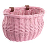 Willow Bushel Strap-On Handlebar Basket for Bikes & Scooters, featuring a woven wicker design with two brown leather strap mounts and a classic bushel shape. Perfect for stylish and practical handlebar storage.