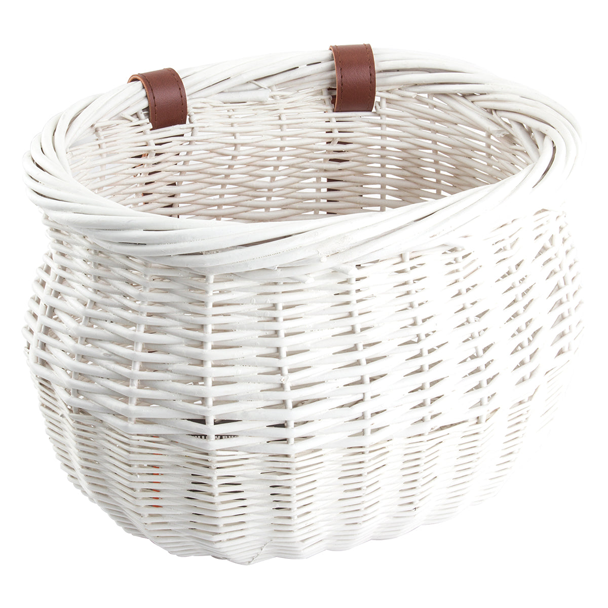 Willow Bushel Strap-On Handlebar Basket for Bikes & Scooters, featuring a classic woven wicker design with brown leather straps for secure handlebar mounting.