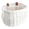 Willow Bushel Strap-On Handlebar Basket for Bikes & Scooters, featuring a classic woven wicker design with brown leather straps for secure handlebar mounting.