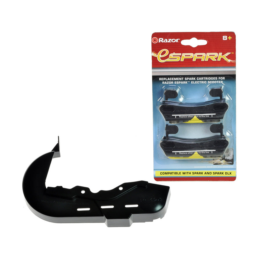 Replacement Spark Cartridge & Chain Guard Set for the Razor eSpark, featuring a black plastic chain guard and a plastic package containing two spark cartridges.