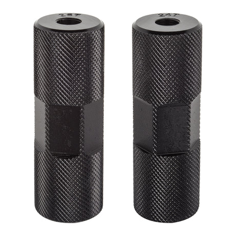 3/8 Knurled Pro Alloy Axle Pegs for Bikes (Set of 2), featuring a close-up of a black cylinder with a textured, grippy surface for enhanced grip.