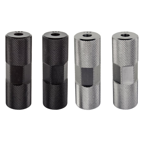 3/8 Knurled Pro Alloy Axle Pegs for Bikes (Set of 2) showing close-up views of black and silver metal cylinders with a grippy knurled surface, threaded for bike axles.